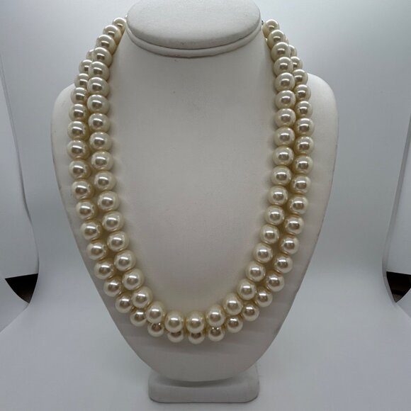 Estate Jewelry - Vintage Faux Pearl Necklace Double Strand Creamy White Glass Beaded Choker 20 In